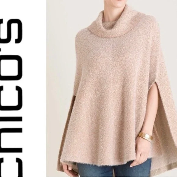 Chico’s Fuzzy Pale Pink &Rose Gold Shine Knit Cape Gold Size S/M - Picture 2 of 9